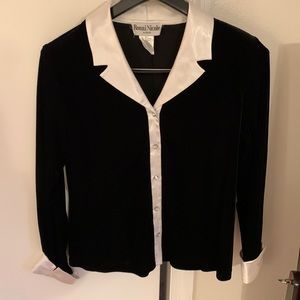 black velvet and white satin trim and sleeve, blouse.